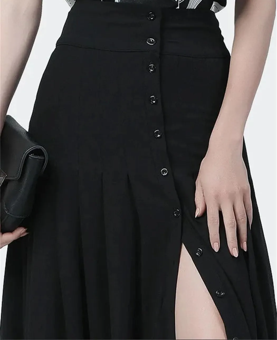 Mid-Length Black Skirt High-Waist Button Slit Mesh Long Skirts for Summer Pleated Skirts