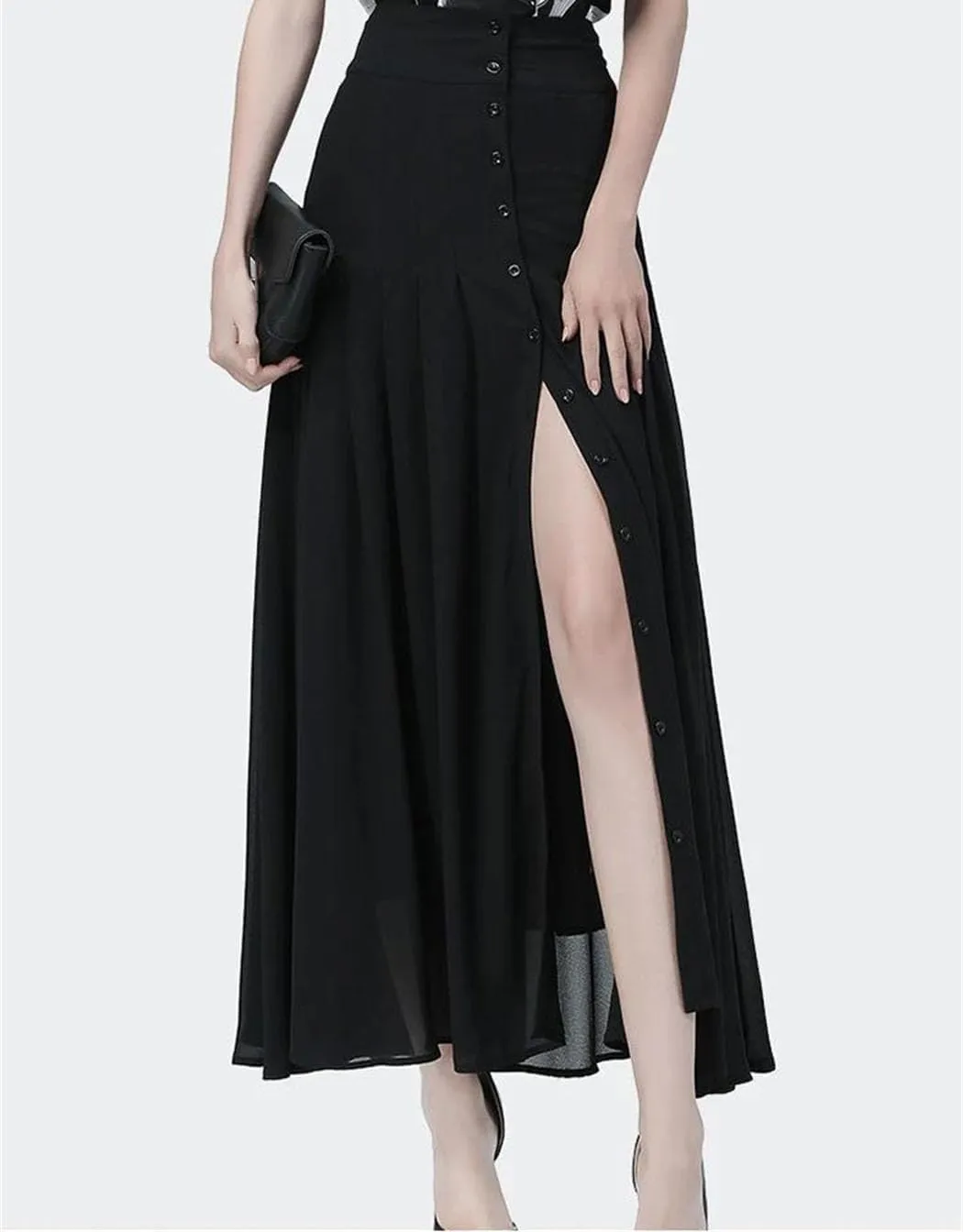 Mid-Length Black Skirt High-Waist Button Slit Mesh Long Skirts for Summer Pleated Skirts