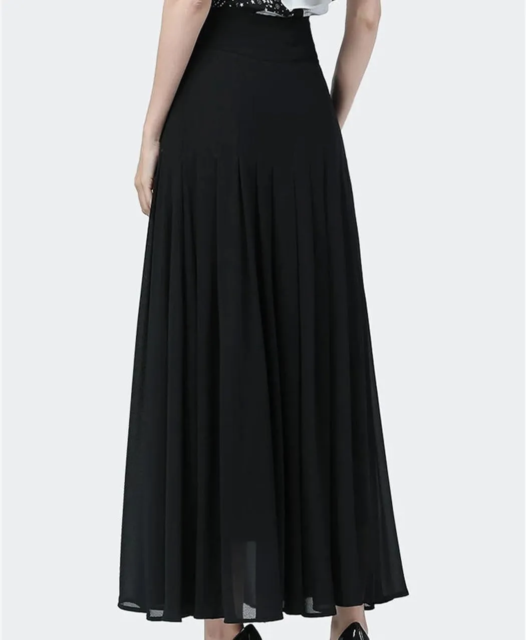 Mid-Length Black Skirt High-Waist Button Slit Mesh Long Skirts for Summer Pleated Skirts