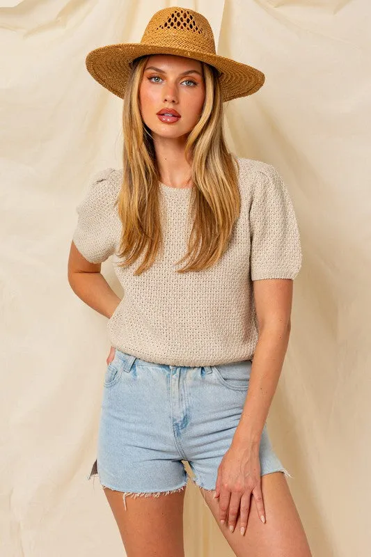 Milo Puff Sleeve Round Neck Texture Sweater Top