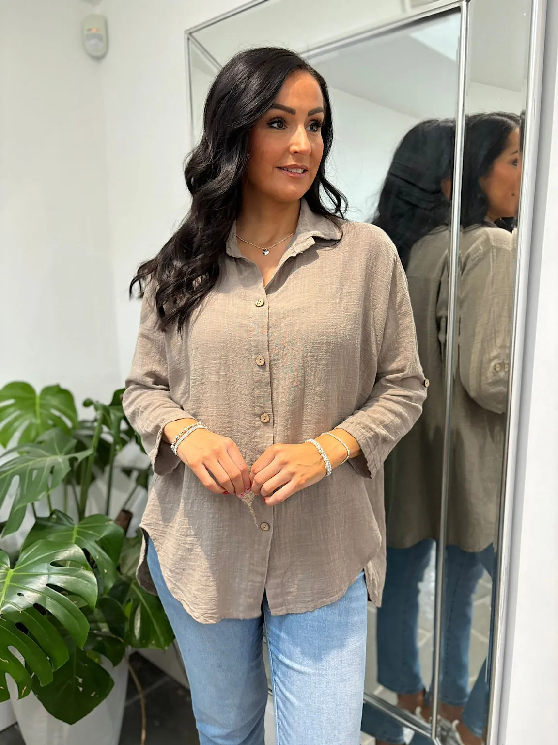 Mocha Cotton Button Sleeve Blouse Katie