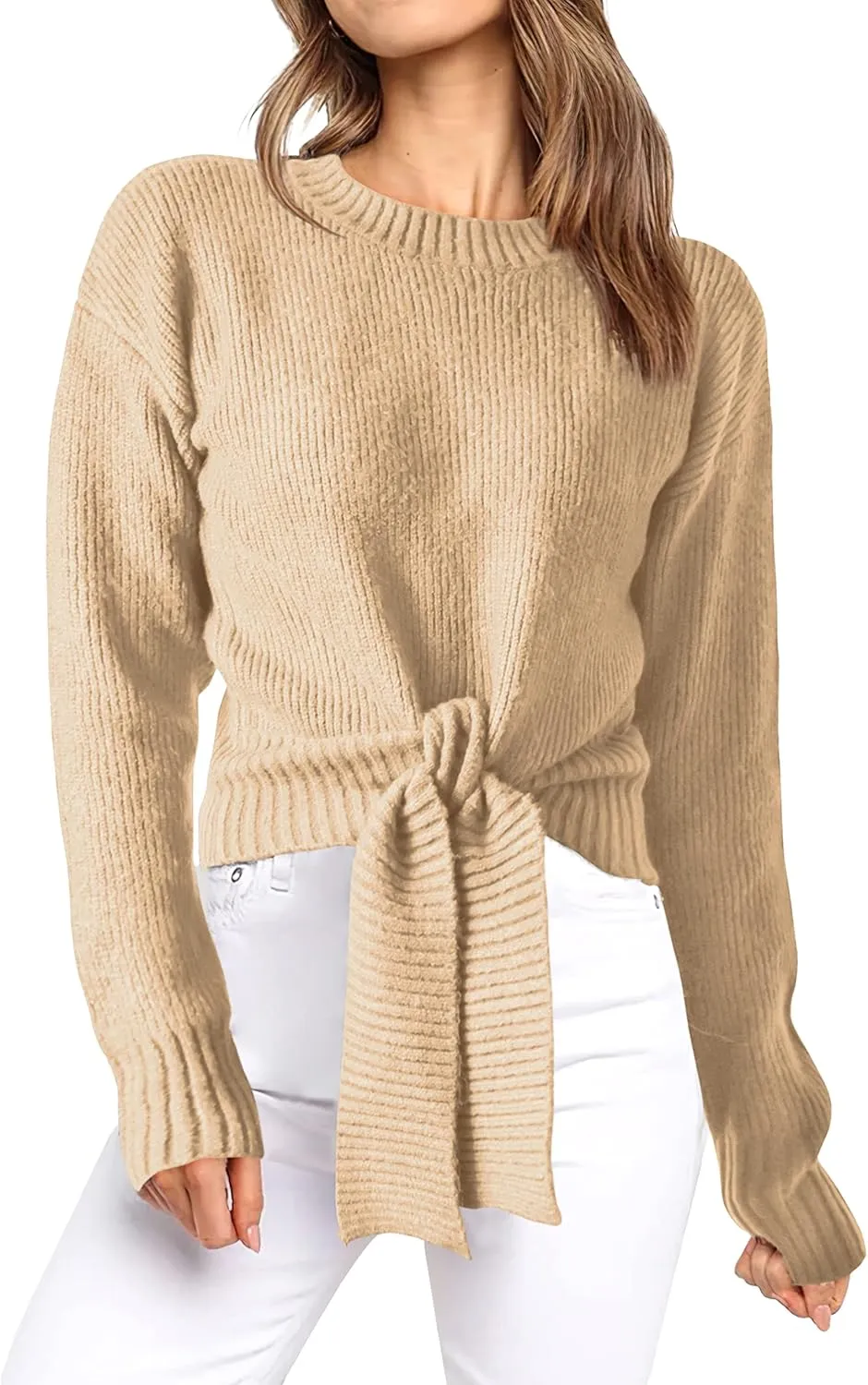 Okiwam Women's Long Sleeve Cropped Knit Sweater Tie Front Crew Neck Solid Color Ribbed Pullover 2025 Casual Tops Jumper
