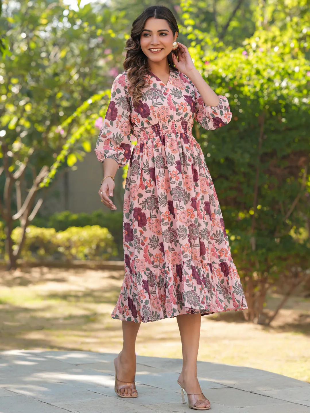 Peach Georgette Fit & Flared Smocked Dress