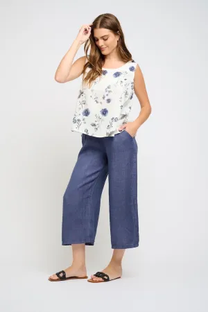 Pistache Sleeveless Linen Top - Grey/Blue Floral