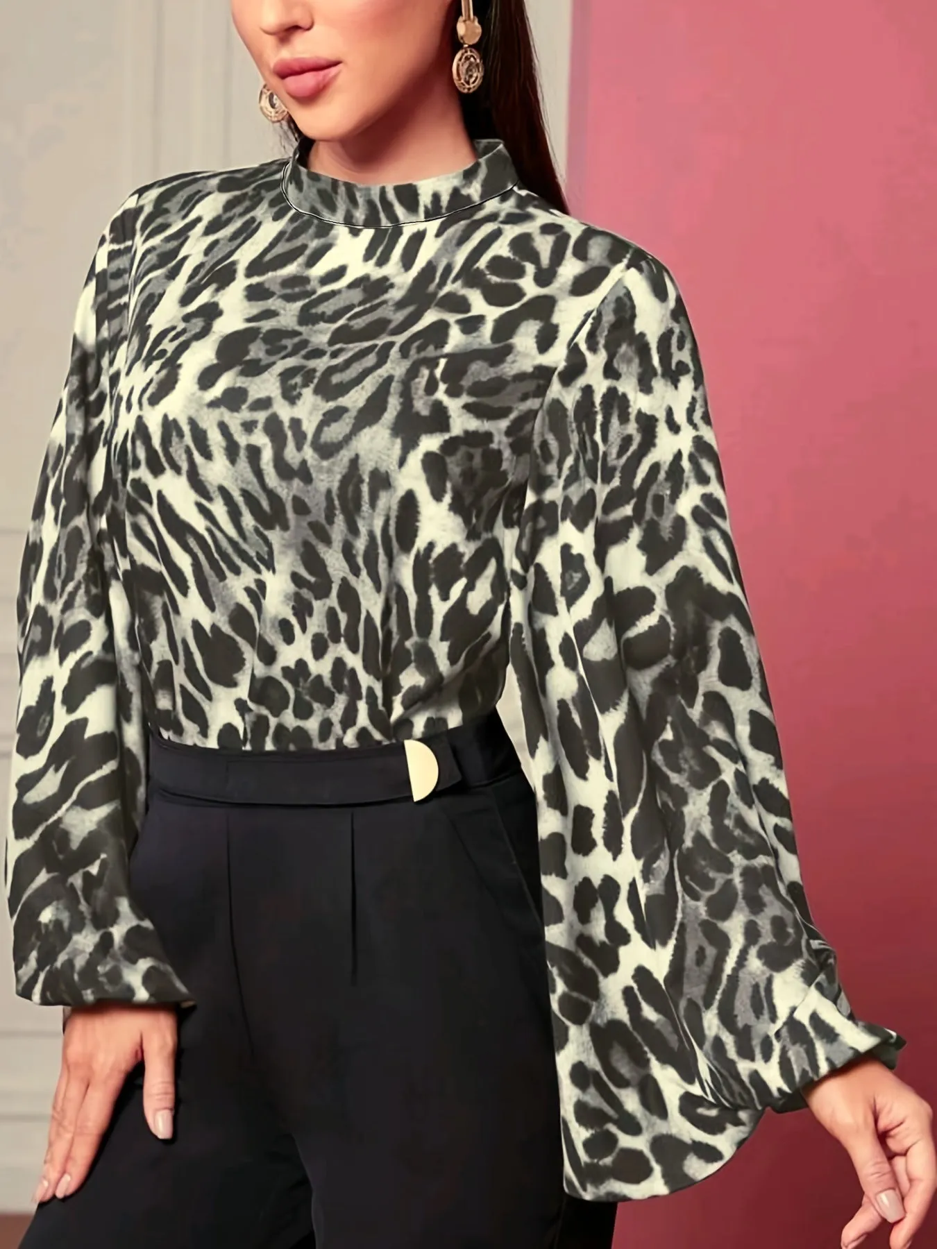 Plus Size Elegant Leopard Print Blouse - Crew Neck, Woven Polyester, Non-Stretch, Random Printed, Oversized Shirting for Spring/Summer/Fall - Keyhole Back, Mock Neck, Lantern Sleeve Shirt Top