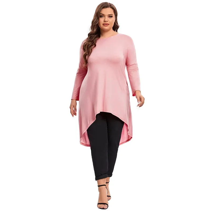 Plus Size Long Sleeve Elegant Tunic Blouse Women Long Hi Low Fit Flare Spring Autumn Swing Tops T Shirt Large Size Clothing 7XL