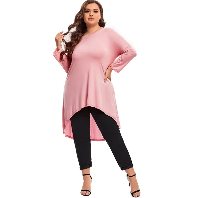 Plus Size Long Sleeve Elegant Tunic Blouse Women Long Hi Low Fit Flare Spring Autumn Swing Tops T Shirt Large Size Clothing 7XL