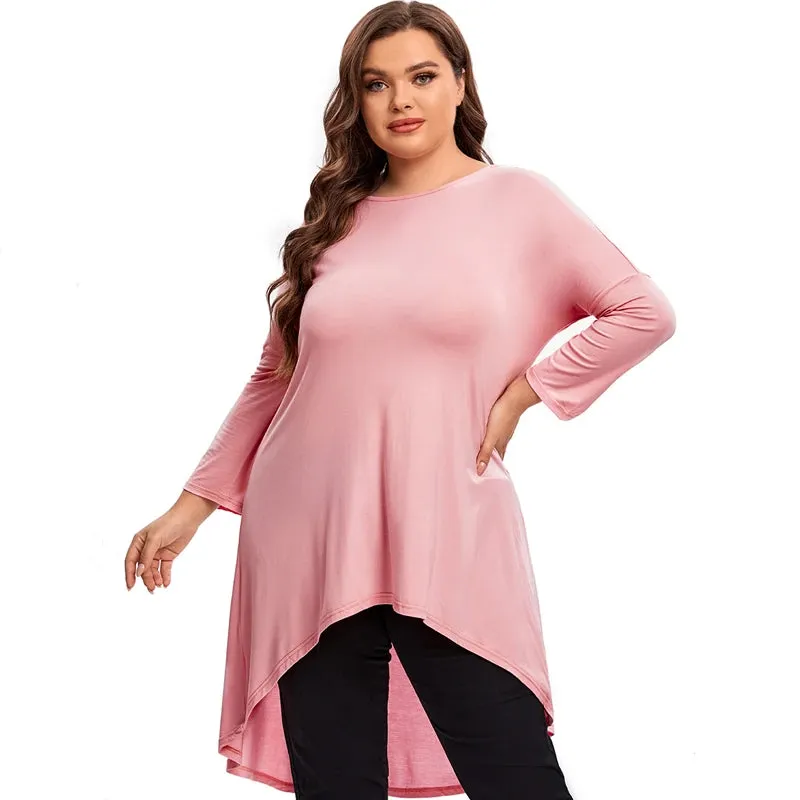 Plus Size Long Sleeve Elegant Tunic Blouse Women Long Hi Low Fit Flare Spring Autumn Swing Tops T Shirt Large Size Clothing 7XL