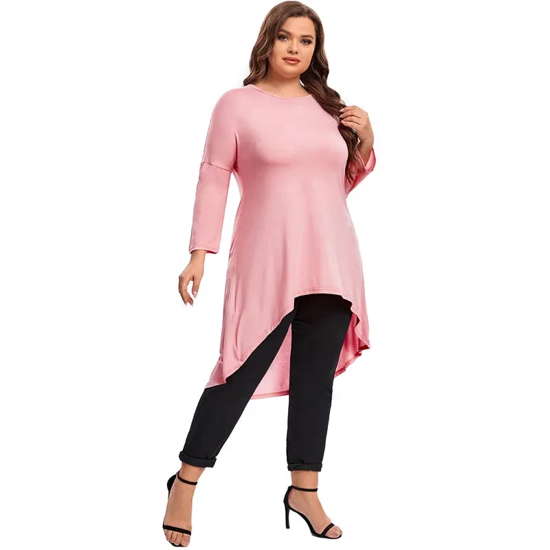 Plus Size Long Sleeve Elegant Tunic Blouse Women Long Hi Low Fit Flare Spring Autumn Swing Tops T Shirt Large Size Clothing 7XL