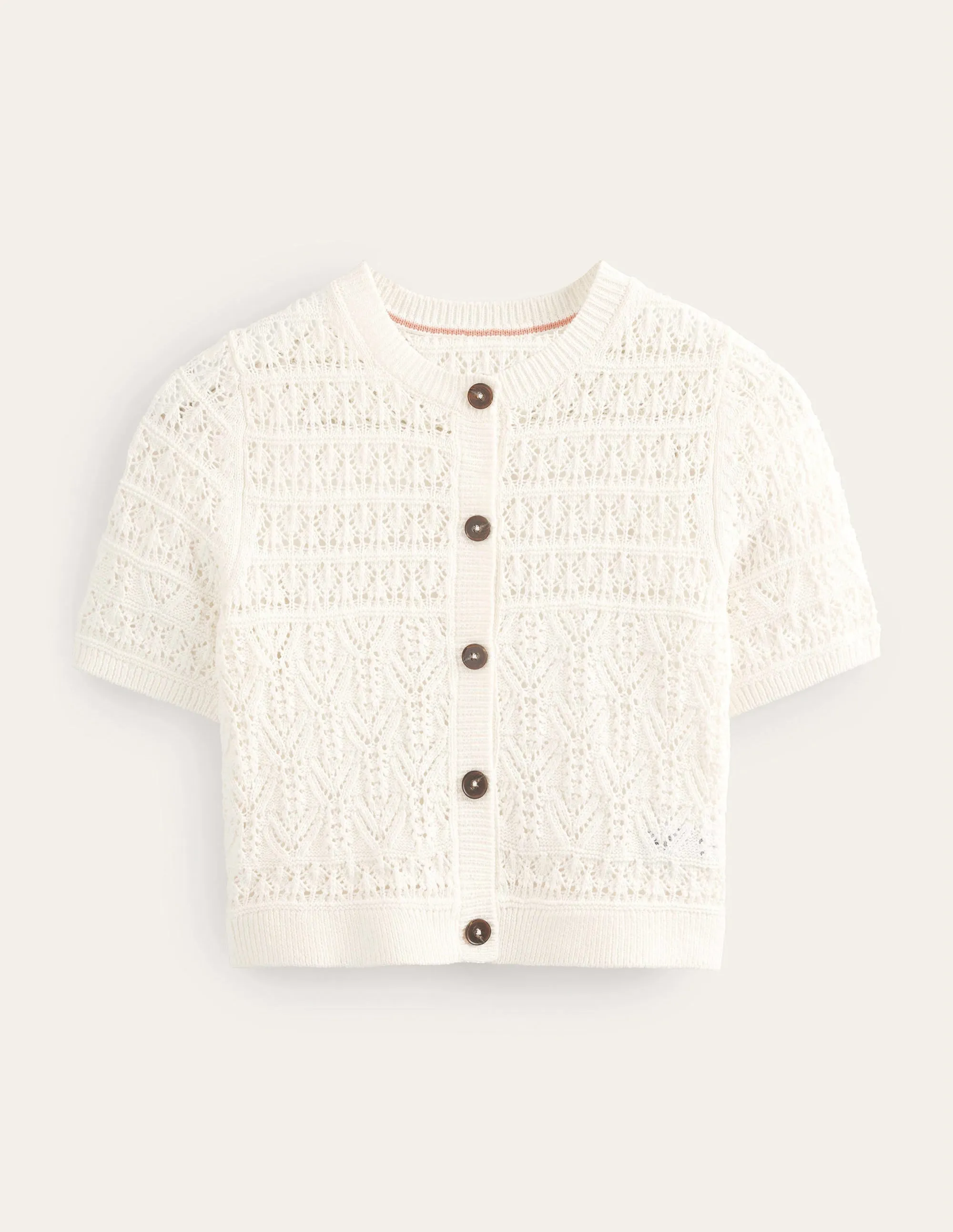 Pointelle Crew Neck Cardigan-Warm Ivory