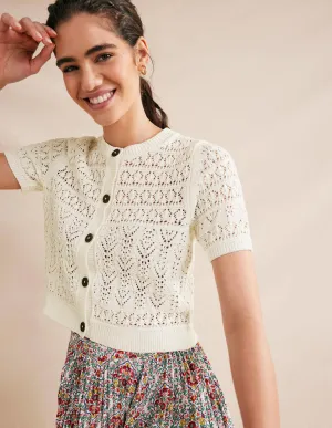 Pointelle Crew Neck Cardigan-Warm Ivory