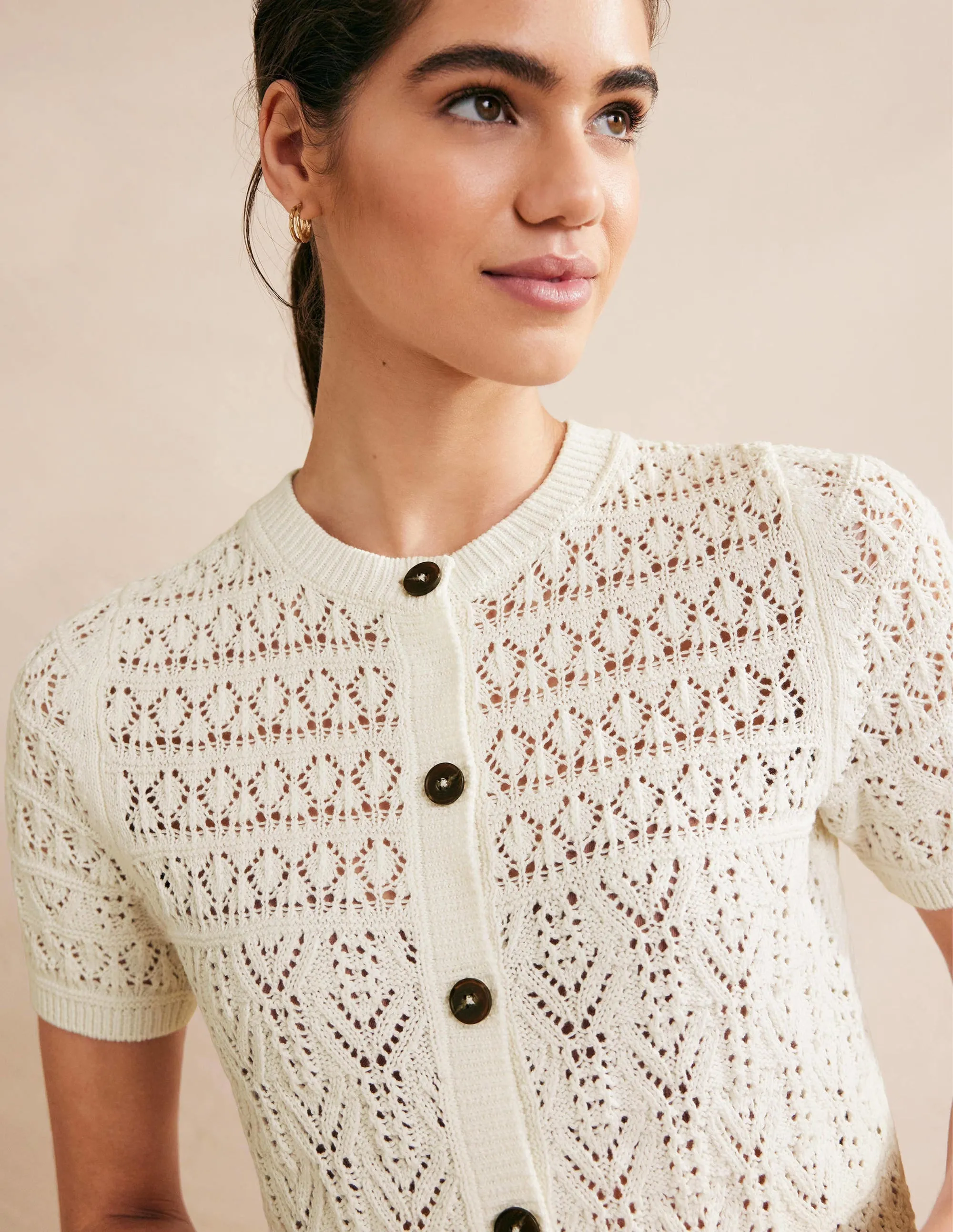 Pointelle Crew Neck Cardigan-Warm Ivory
