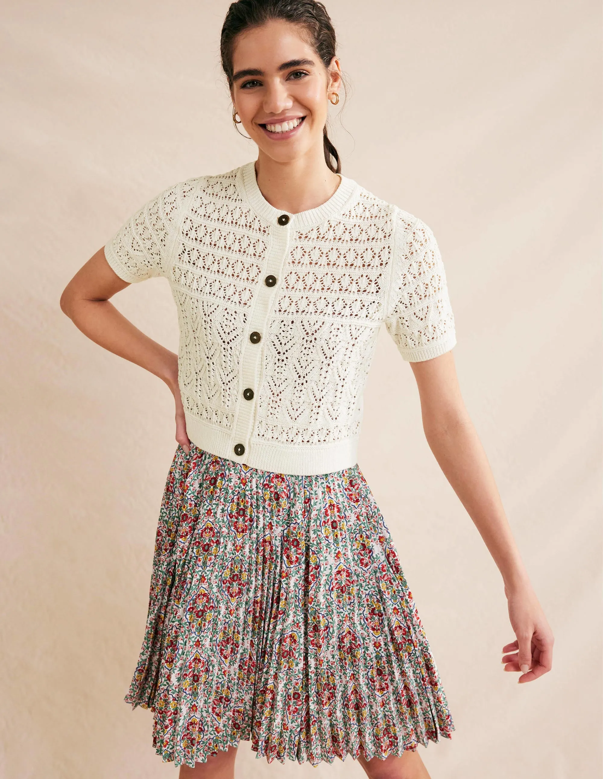 Pointelle Crew Neck Cardigan-Warm Ivory