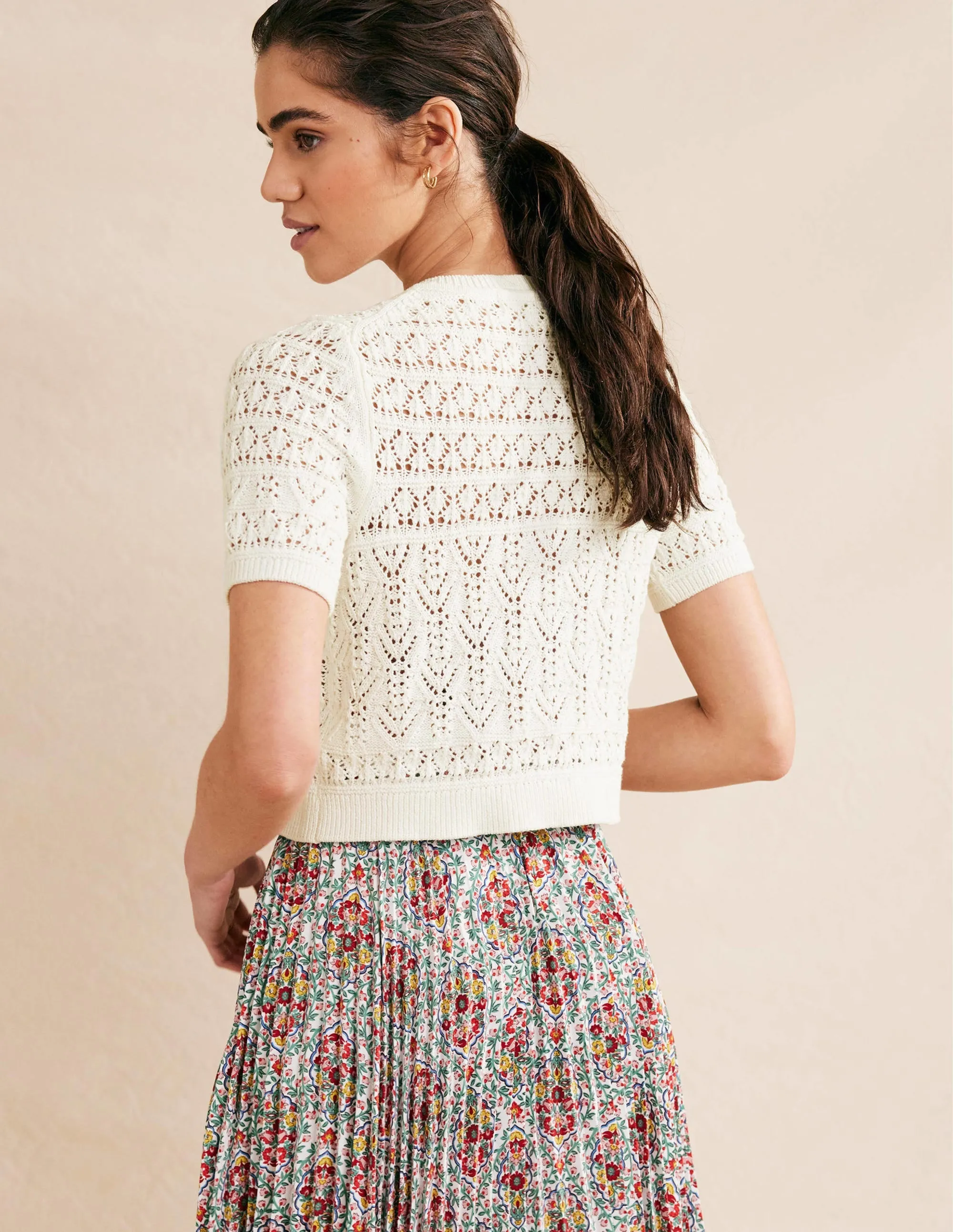 Pointelle Crew Neck Cardigan-Warm Ivory