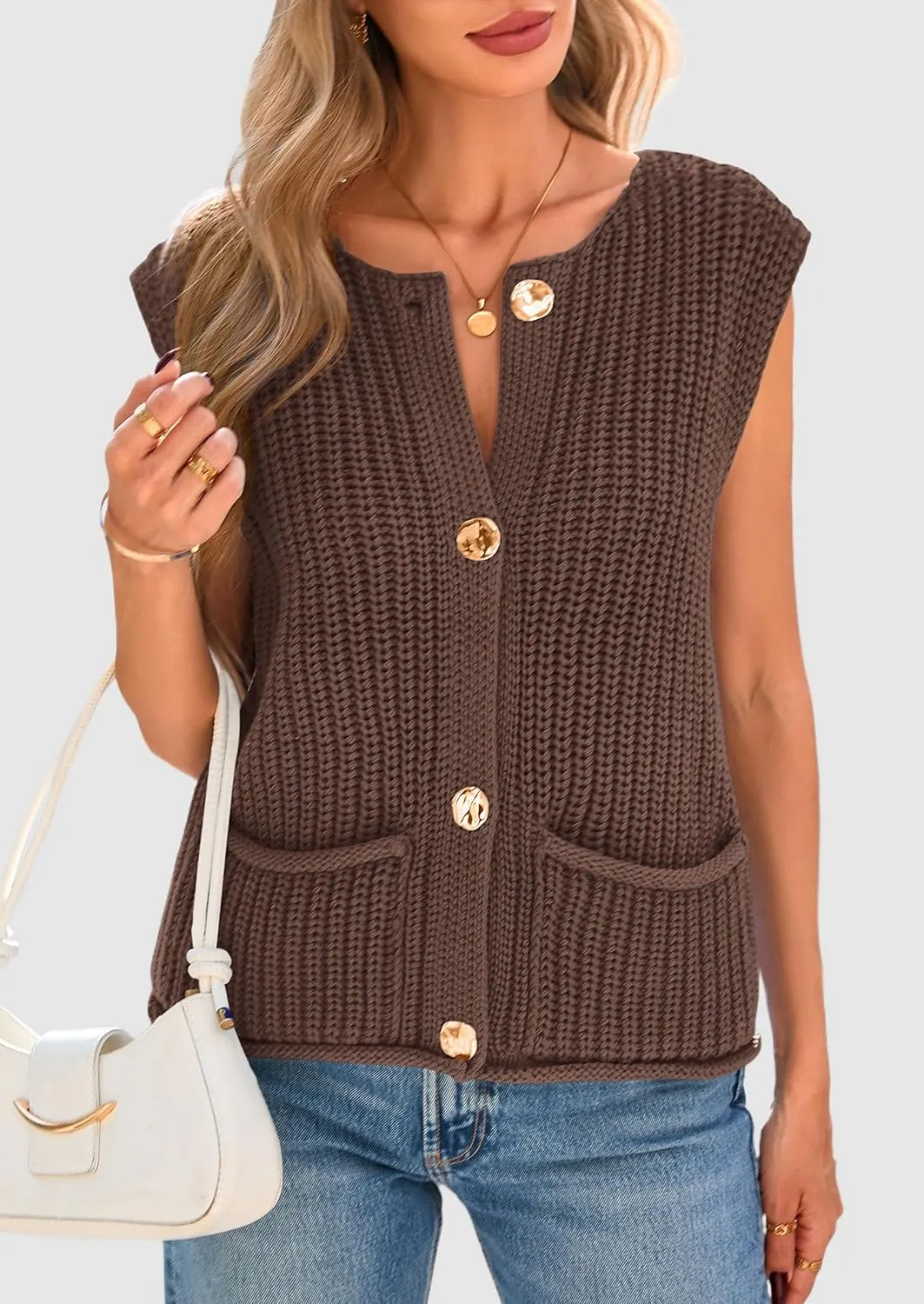 PRETTYGARDEN Women's Summer Sweaters Vest 2025 Sleeveless Button Down Cropped Pockets Chunky Knit Cardigan Trendy Tank Tops