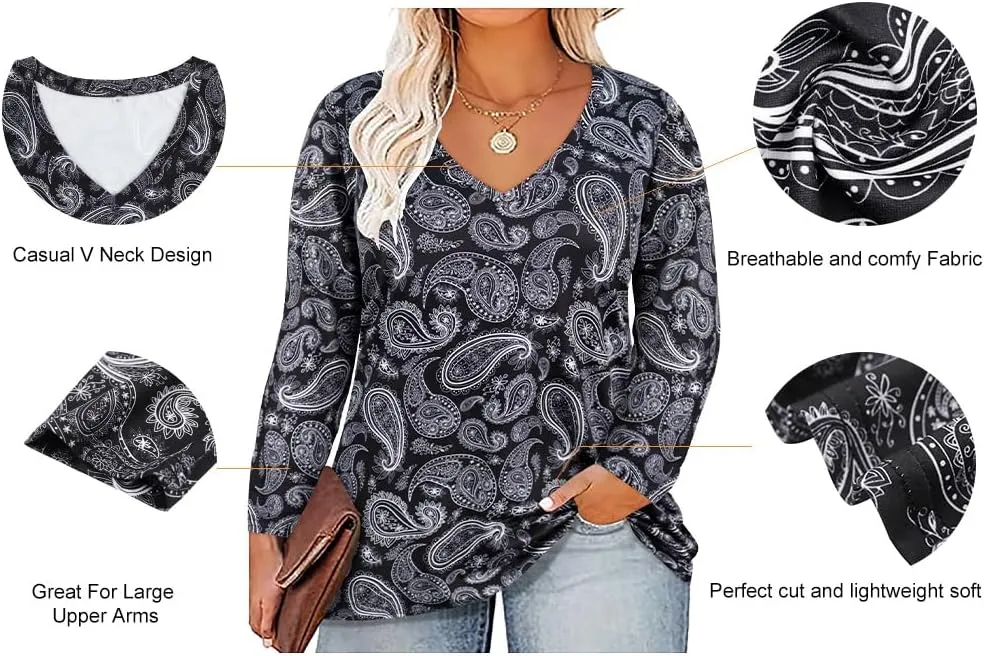 RITERA Womens Plus Size Tops Long Sleeve Shirts V Neck Tunics Fall Casual Pullover Loose Fit Basic Tshirt XL-6XL 14W-30W