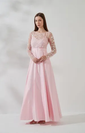Round Neck Appliqud Tulle Long Sleeve A-Line Dress with Pockets