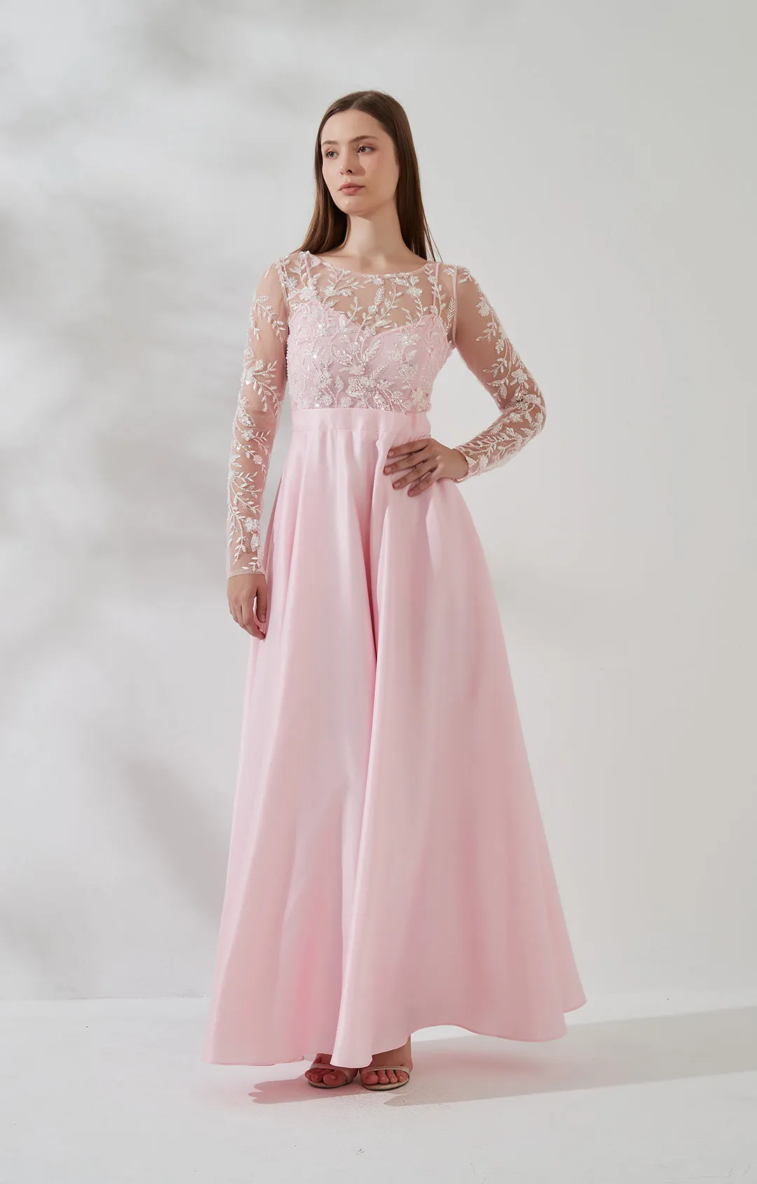 Round Neck Appliqud Tulle Long Sleeve A-Line Dress with Pockets