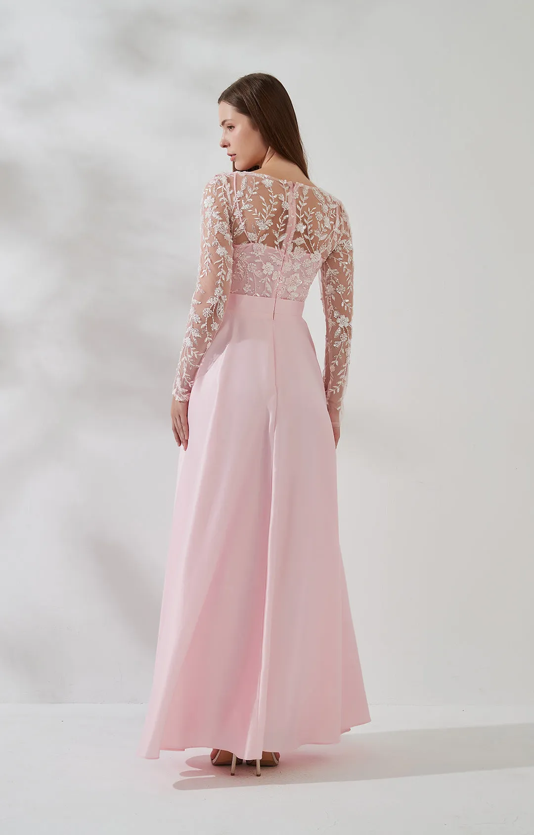 Round Neck Appliqud Tulle Long Sleeve A-Line Dress with Pockets