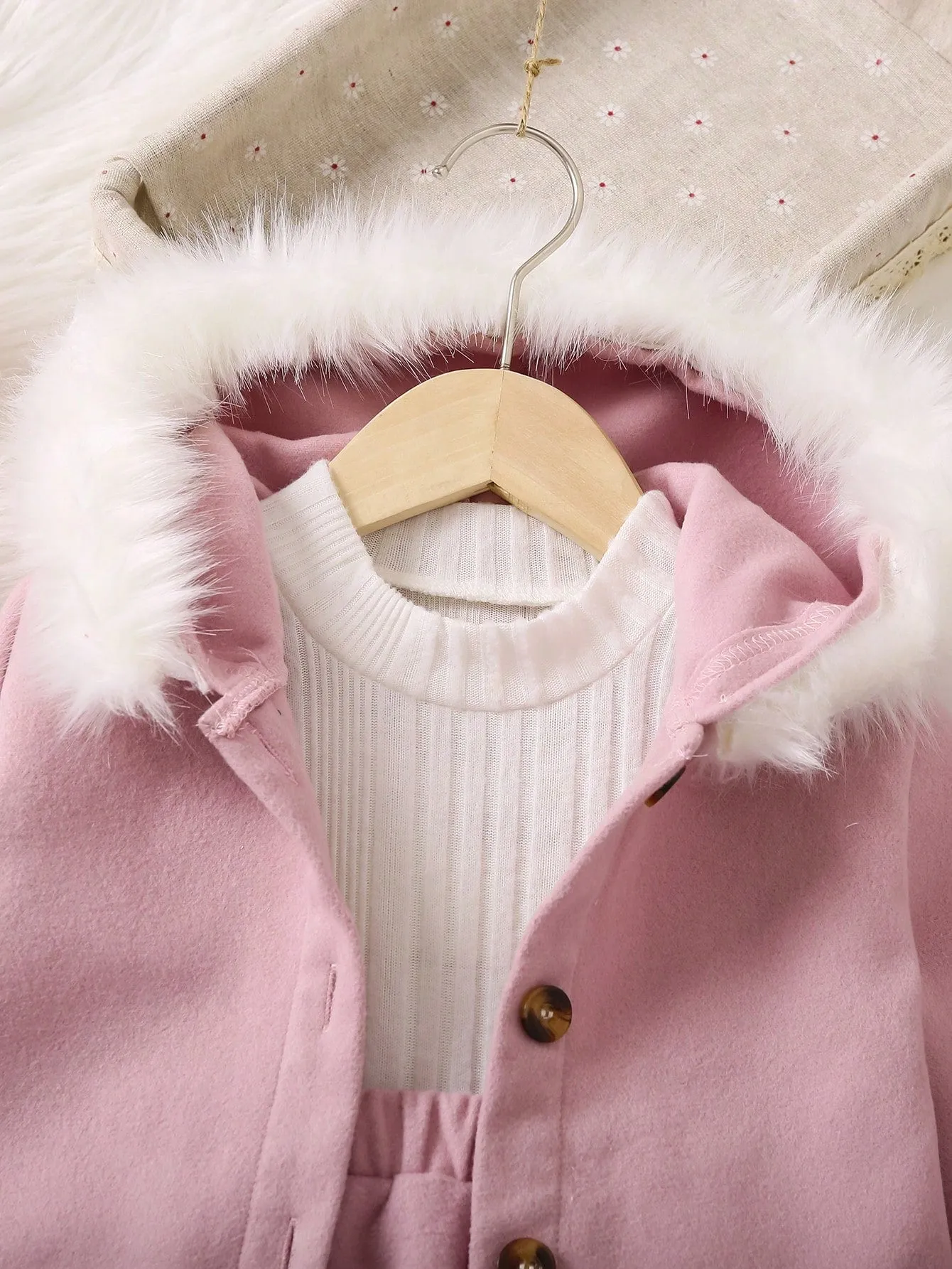 SHEIN Young Girl Fuzzy Trim Hooded Coat & Skirt & Tee FD