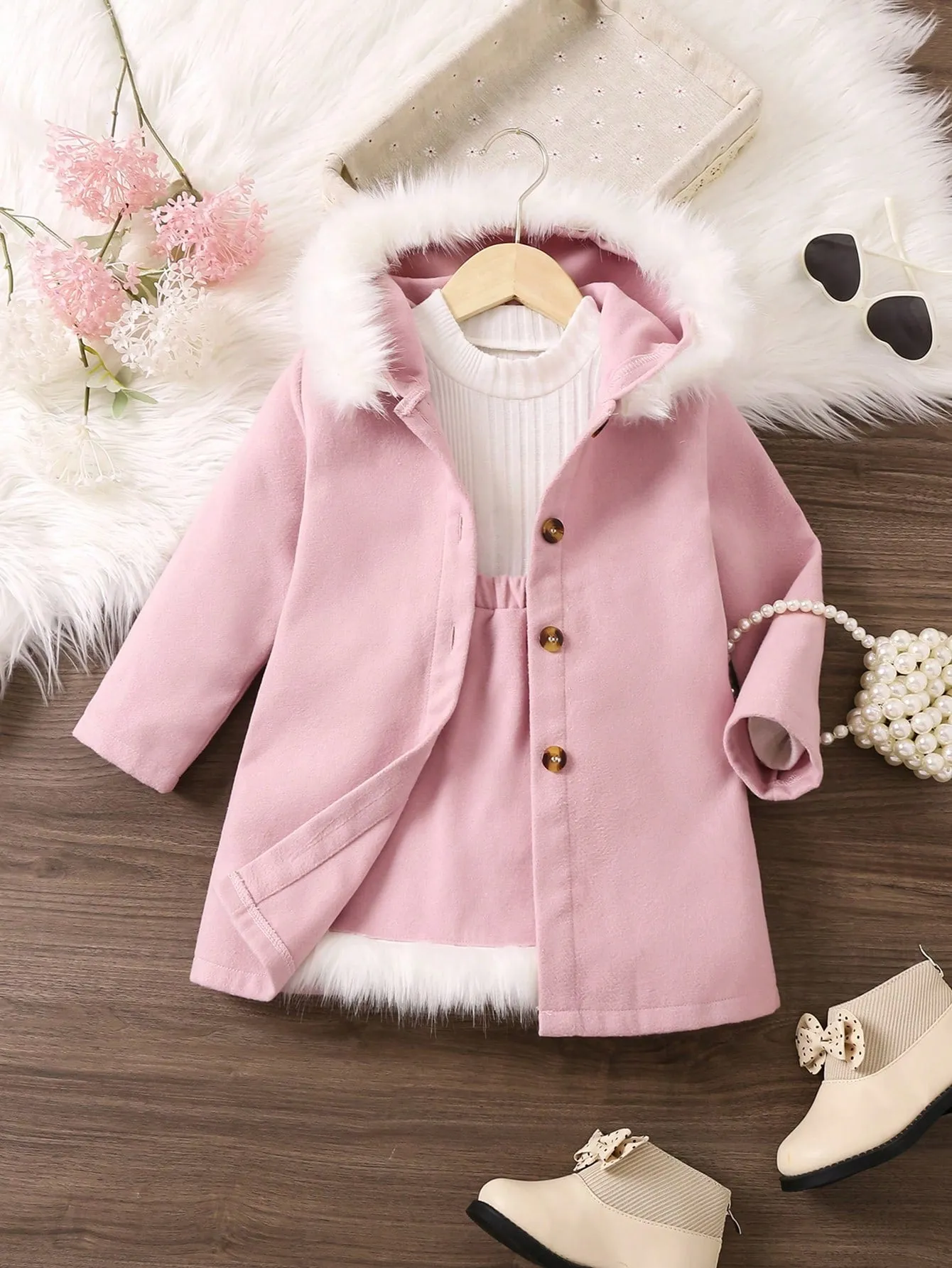 SHEIN Young Girl Fuzzy Trim Hooded Coat & Skirt & Tee FD