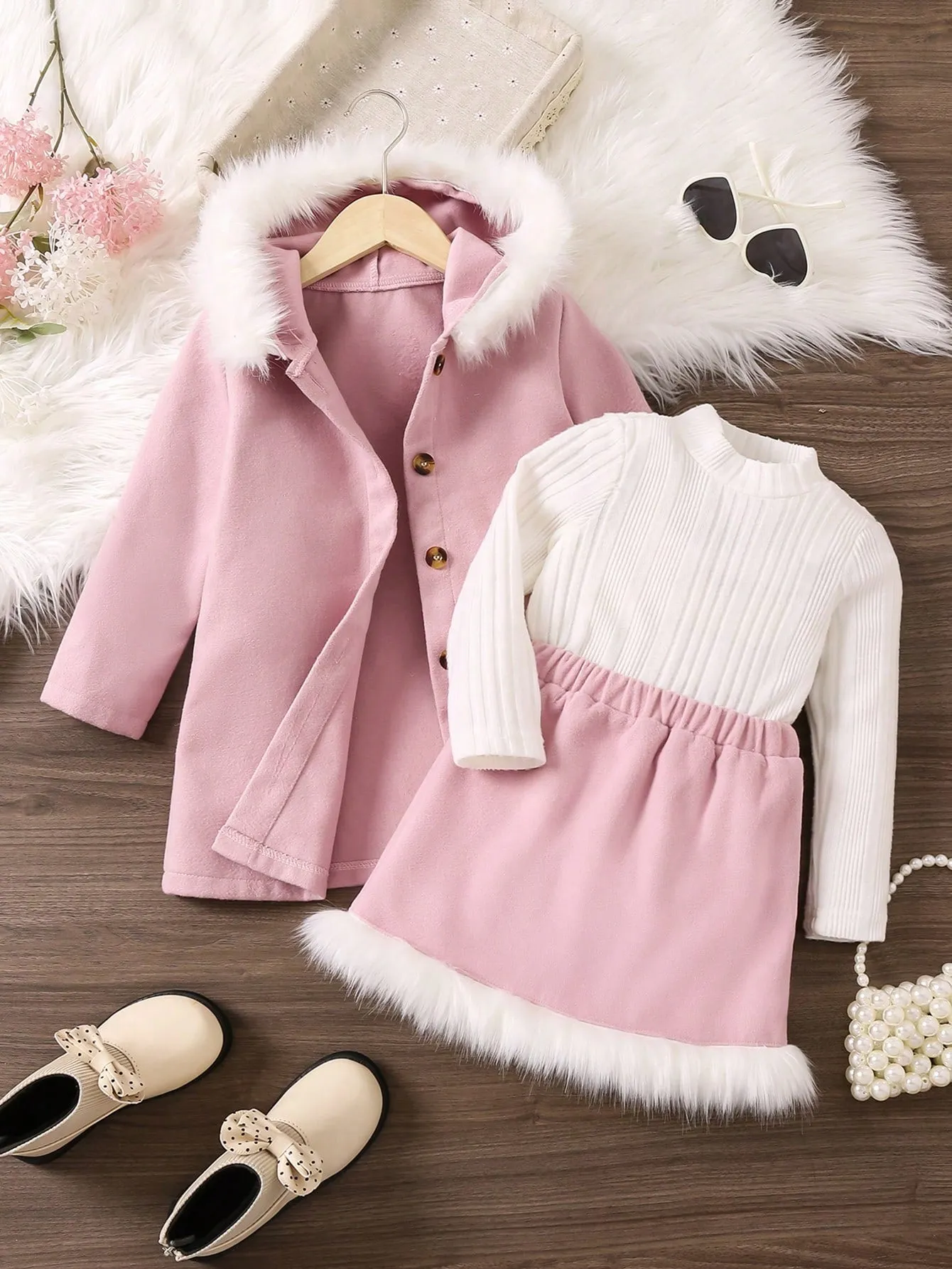 SHEIN Young Girl Fuzzy Trim Hooded Coat & Skirt & Tee FD