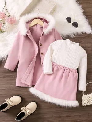 SHEIN Young Girl Fuzzy Trim Hooded Coat & Skirt & Tee FD