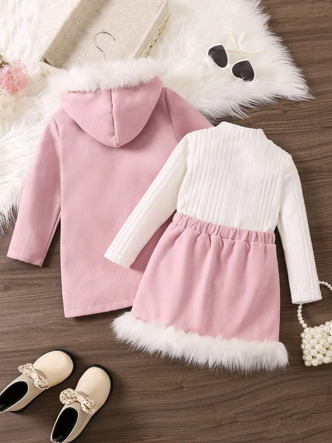 SHEIN Young Girl Fuzzy Trim Hooded Coat & Skirt & Tee FD