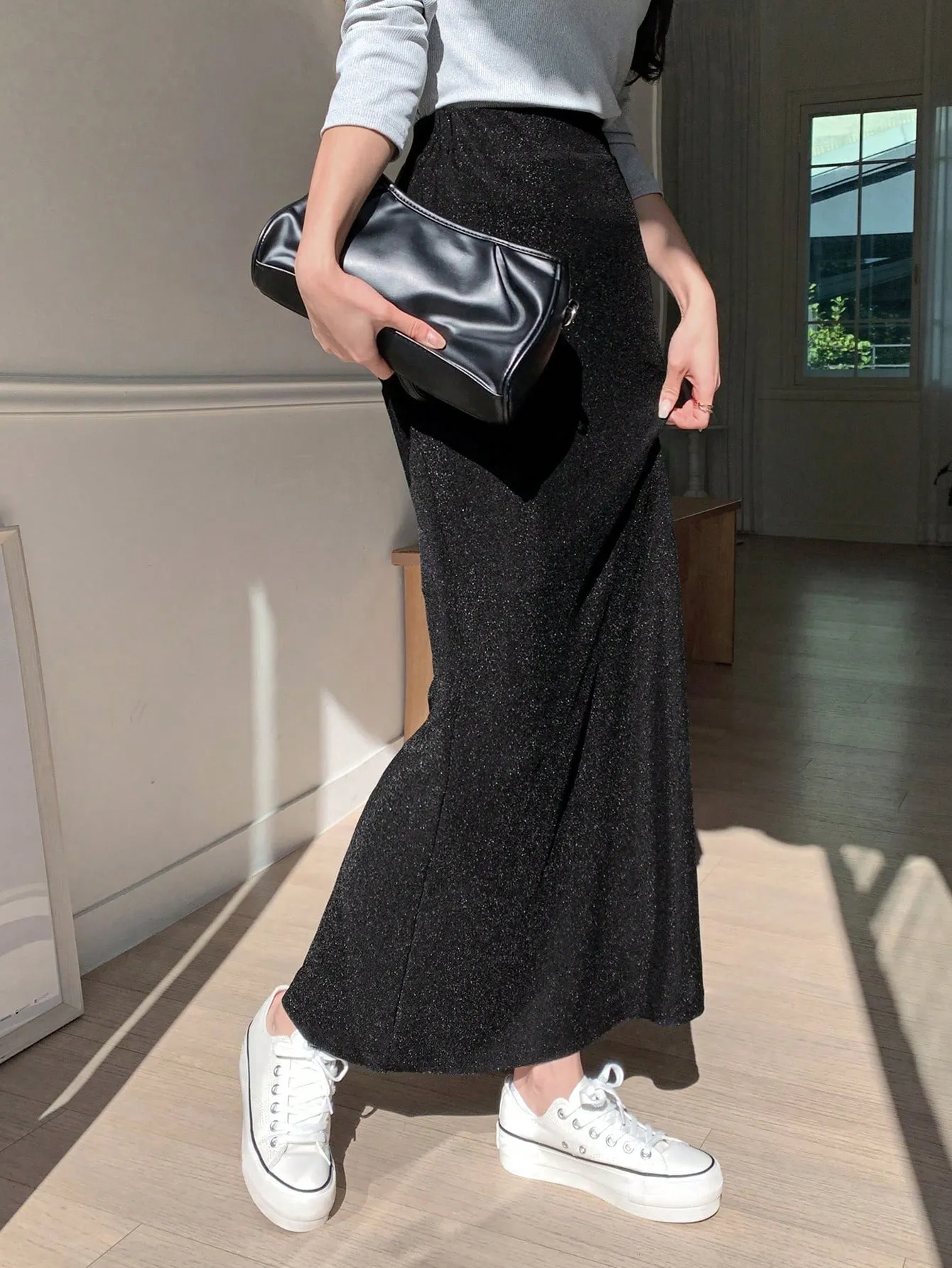 Solid Mermaid Hem Glitter Skirt