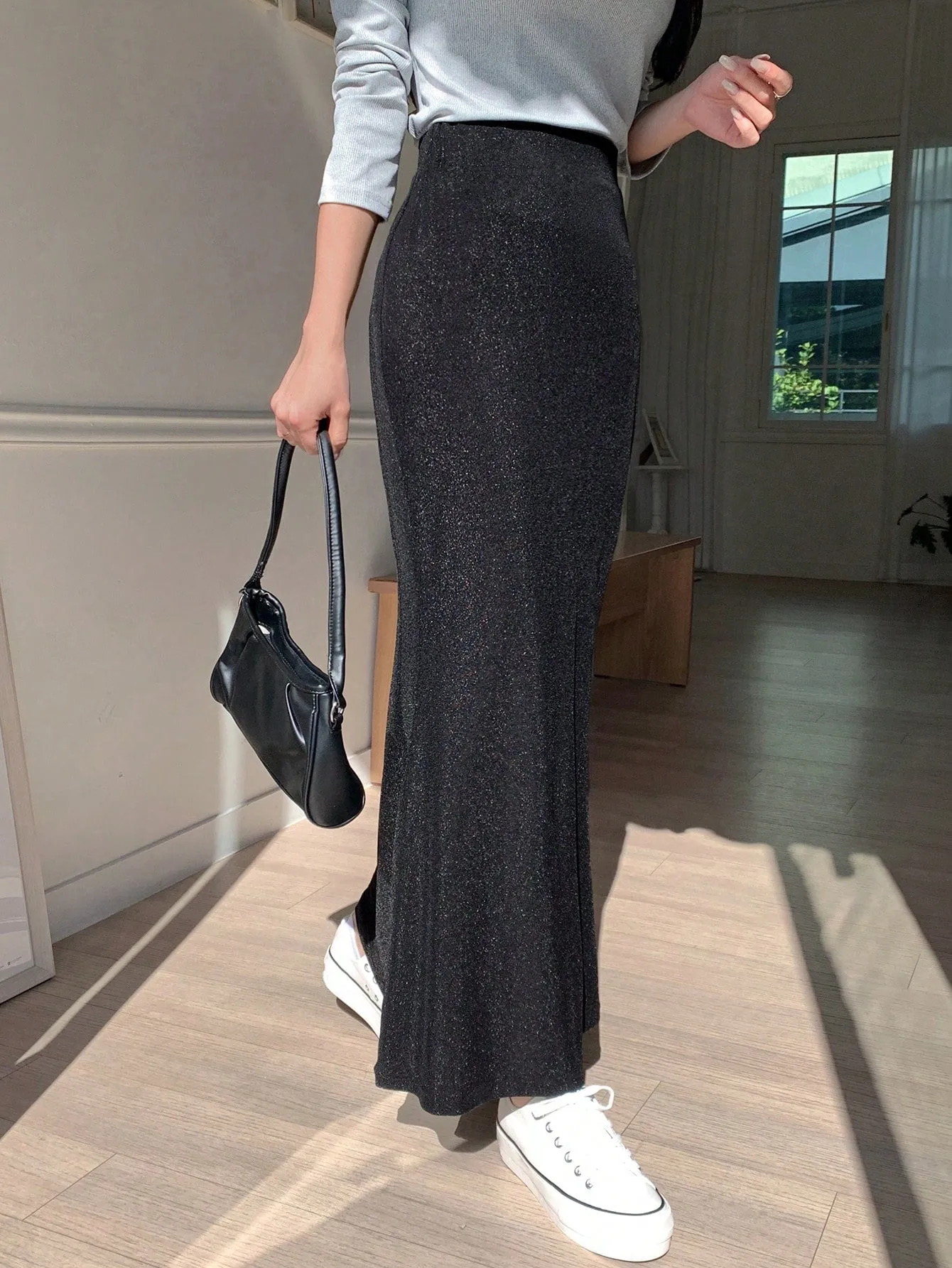 Solid Mermaid Hem Glitter Skirt