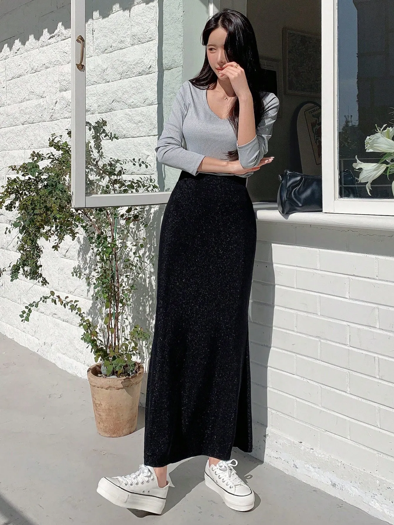 Solid Mermaid Hem Glitter Skirt