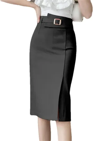 Spring Summer Buttons Women's Wrap Midi Skirts High Waist Workwear Front Split Sheath Pencil Skirts Female