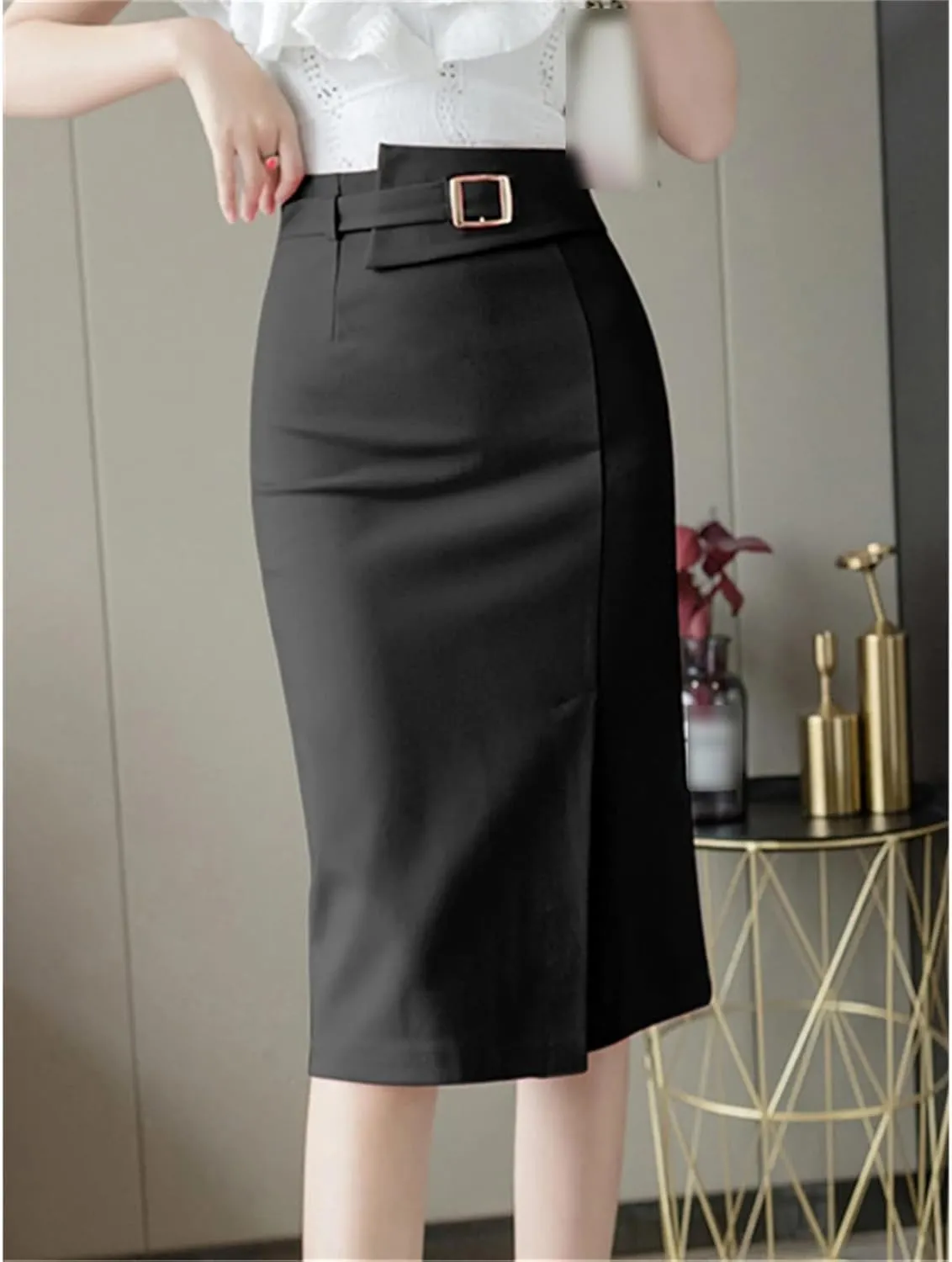 Spring Summer Buttons Women's Wrap Midi Skirts High Waist Workwear Front Split Sheath Pencil Skirts Female