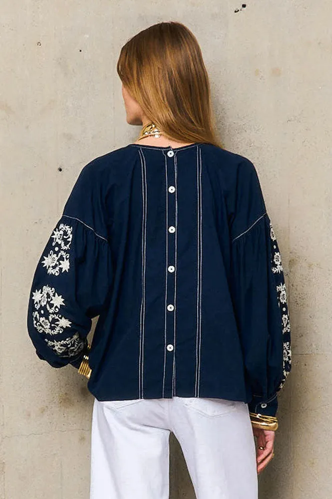 Stella Forest Marguerite Navy Embroidered Blouse