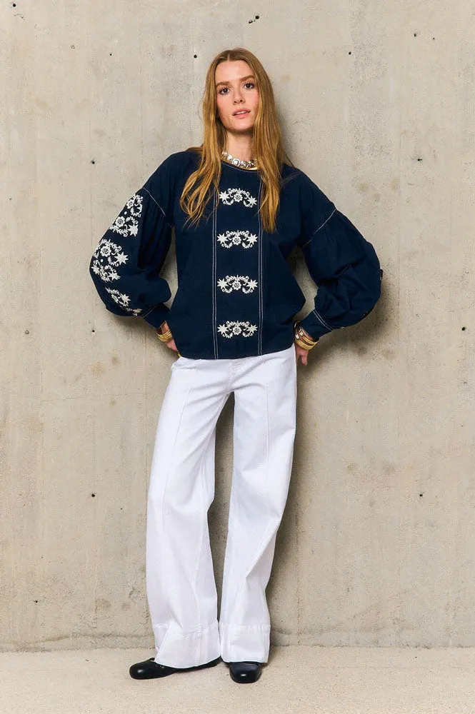 Stella Forest Marguerite Navy Embroidered Blouse