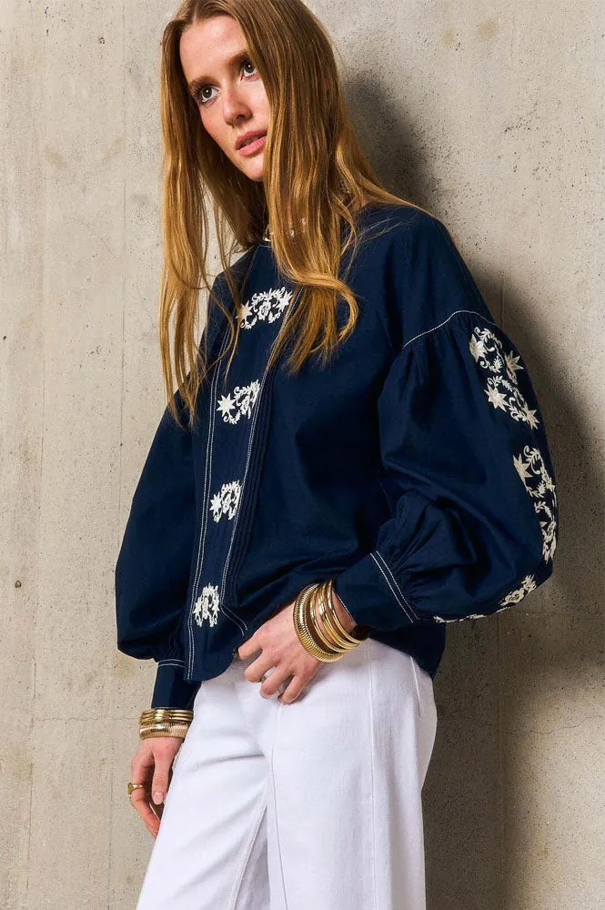 Stella Forest Marguerite Navy Embroidered Blouse
