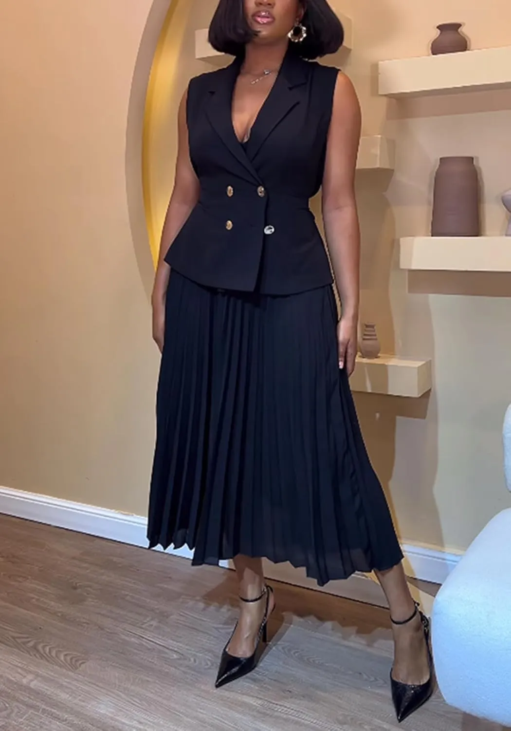 Tcremisa 2 Piece Outfits for Women Elegant Skirt Suits Lapel V Neck Blazer Vest and Pleated Chiffon Skirts Set