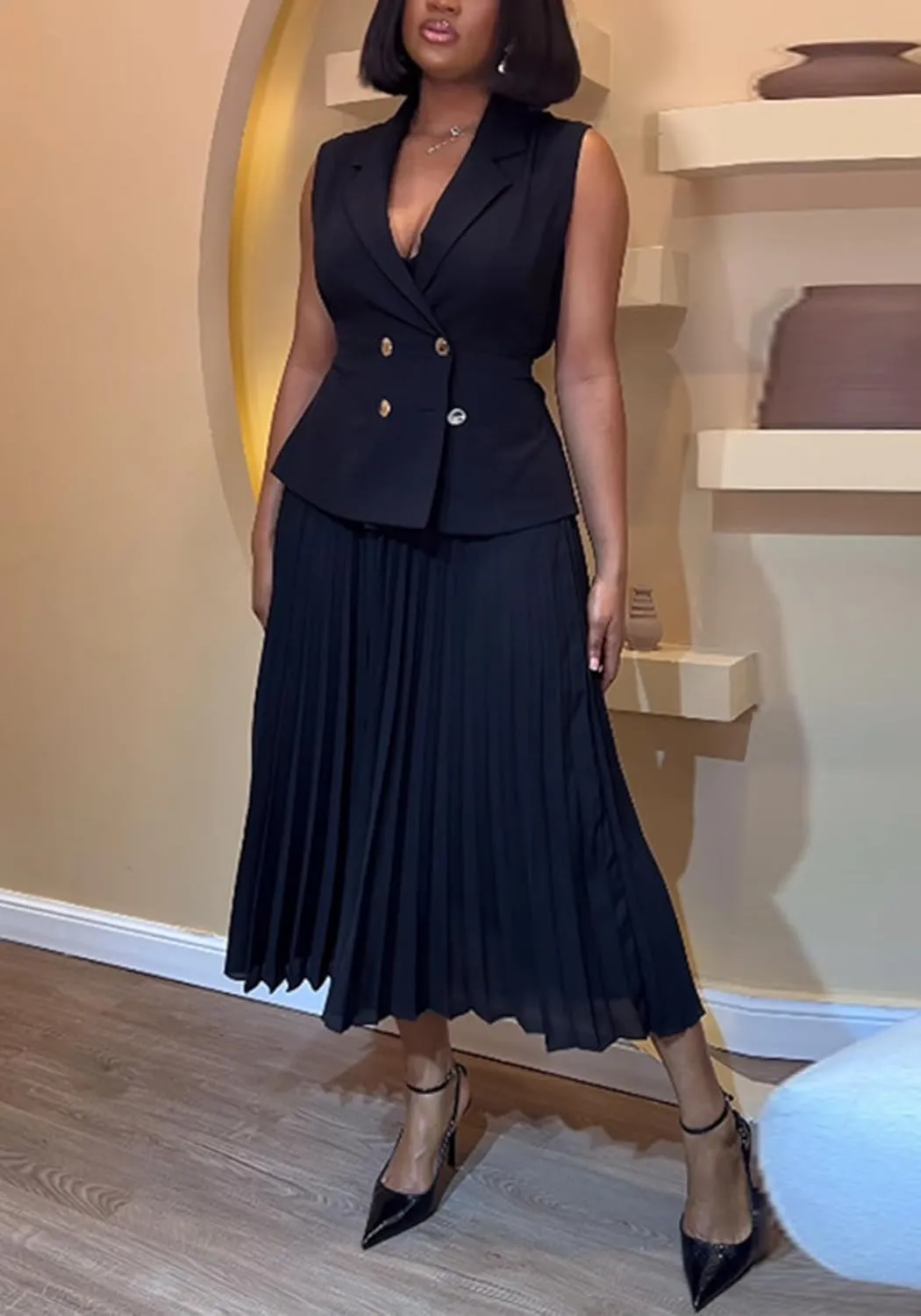 Tcremisa 2 Piece Outfits for Women Elegant Skirt Suits Lapel V Neck Blazer Vest and Pleated Chiffon Skirts Set