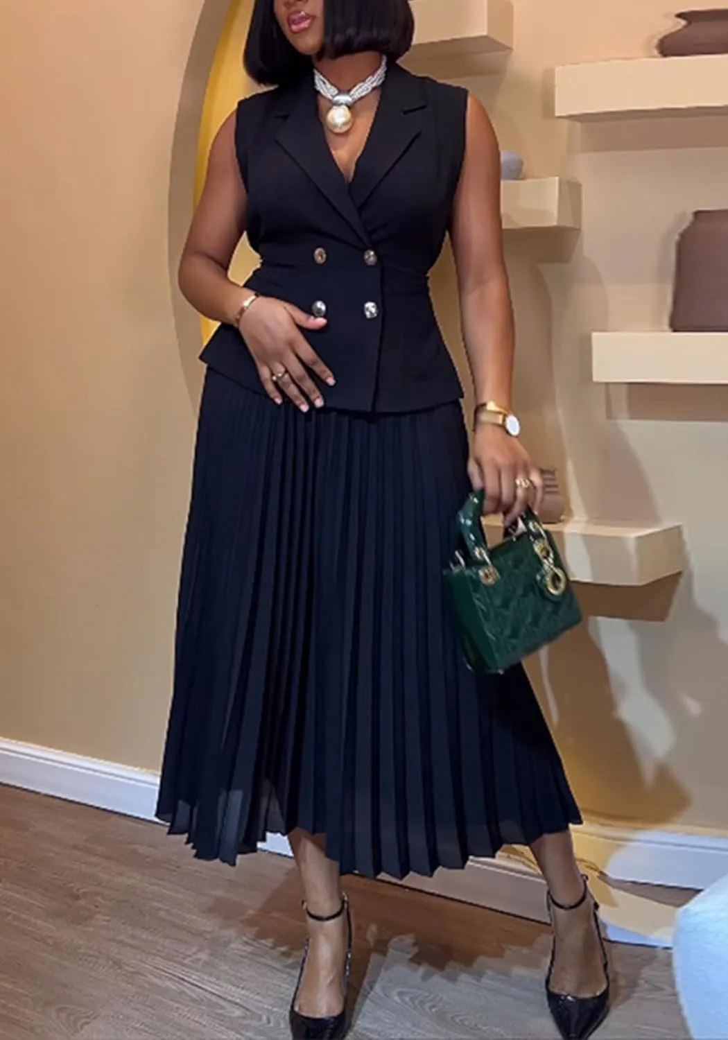 Tcremisa 2 Piece Outfits for Women Elegant Skirt Suits Lapel V Neck Blazer Vest and Pleated Chiffon Skirts Set