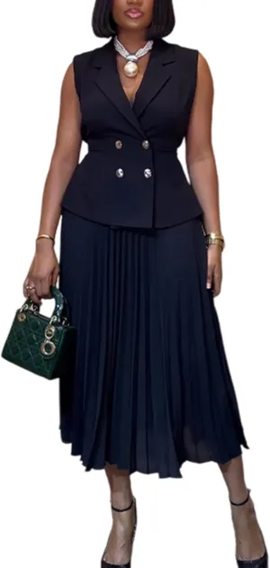 Tcremisa 2 Piece Outfits for Women Elegant Skirt Suits Lapel V Neck Blazer Vest and Pleated Chiffon Skirts Set