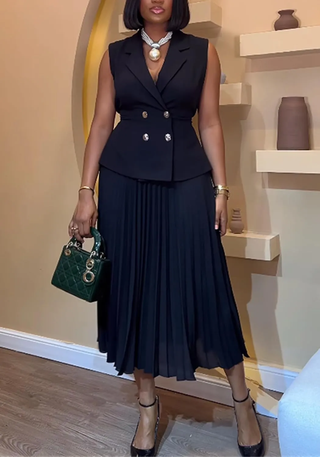 Tcremisa 2 Piece Outfits for Women Elegant Skirt Suits Lapel V Neck Blazer Vest and Pleated Chiffon Skirts Set