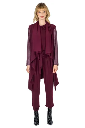 V. Leatherette Sleeve Double Layered Cardigan w/ Pockets