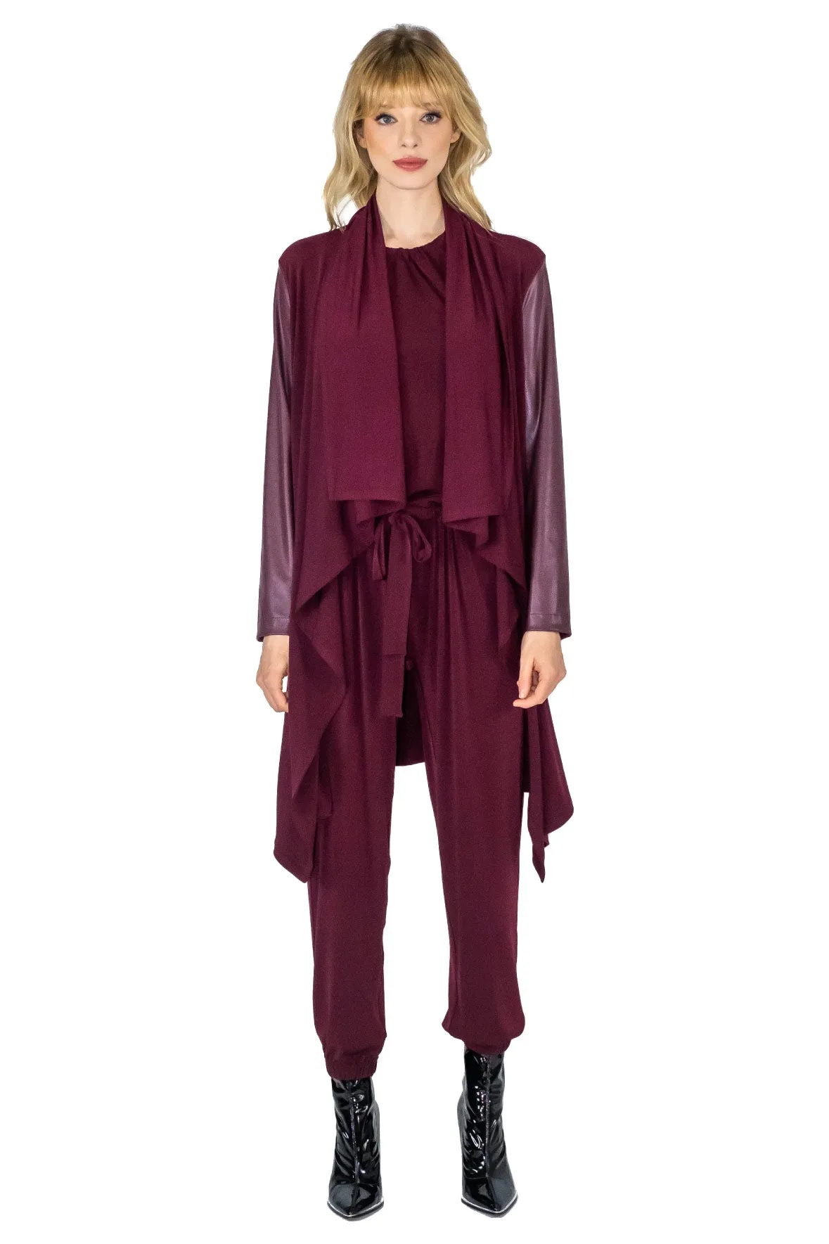 V. Leatherette Sleeve Double Layered Cardigan w/ Pockets