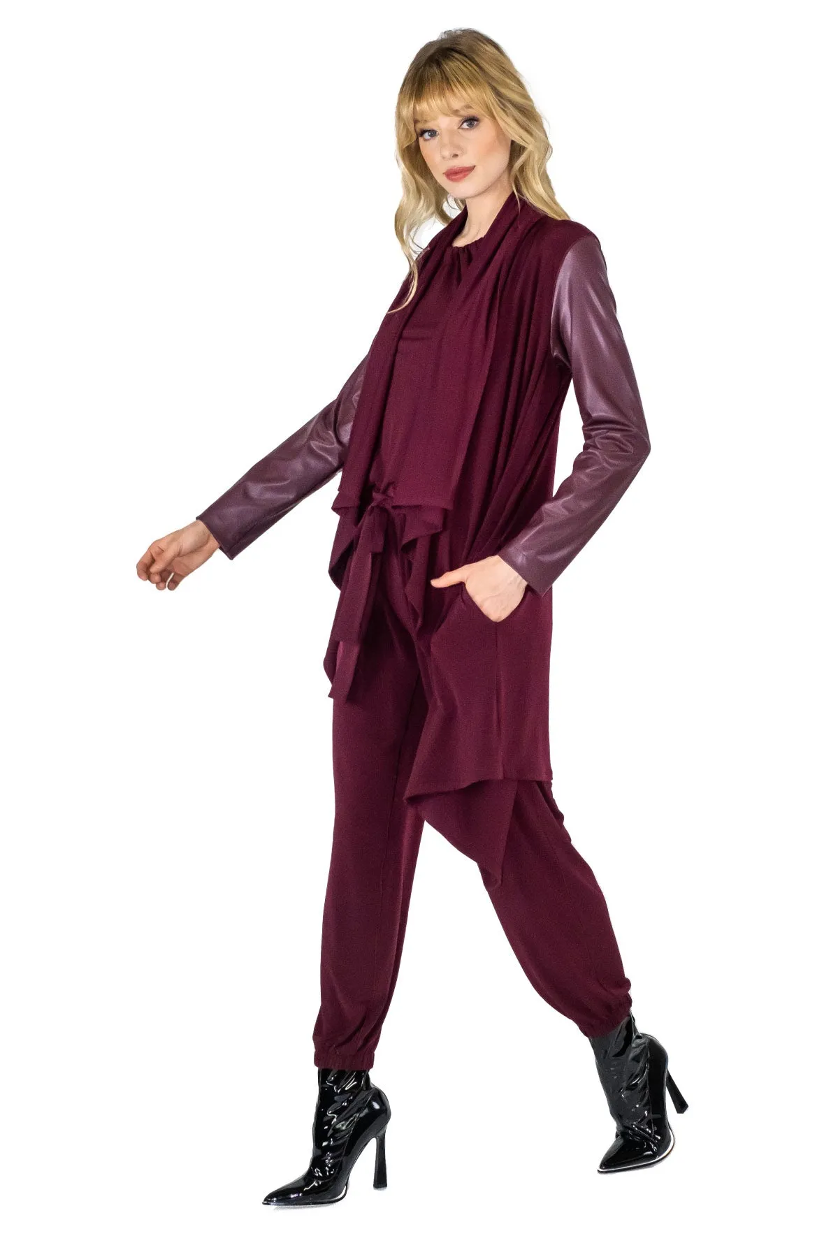 V. Leatherette Sleeve Double Layered Cardigan w/ Pockets
