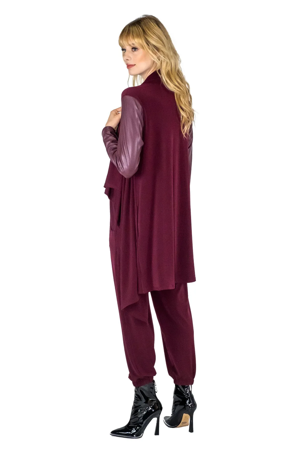 V. Leatherette Sleeve Double Layered Cardigan w/ Pockets