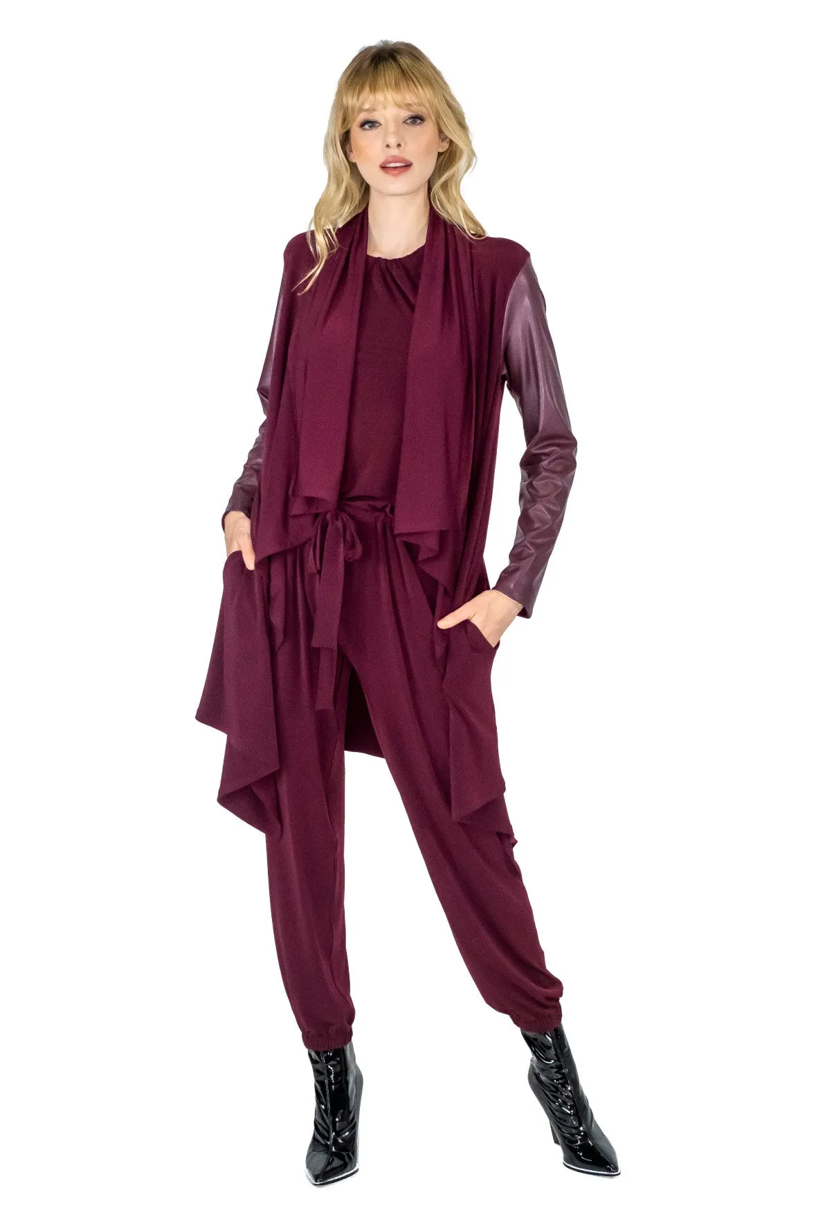 V. Leatherette Sleeve Double Layered Cardigan w/ Pockets