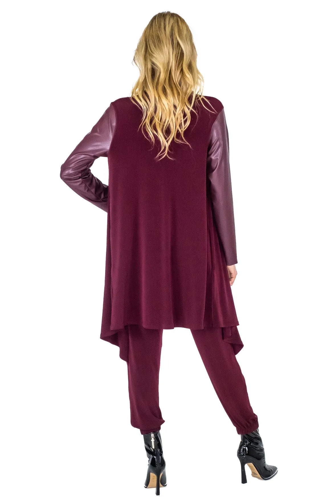V. Leatherette Sleeve Double Layered Cardigan w/ Pockets