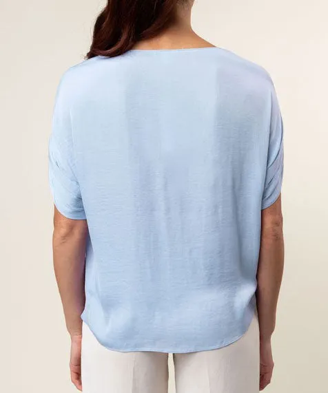 V-Neck Satin Top with Self Bands Sleeve Detail - Celestial Blue
