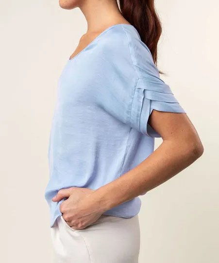 V-Neck Satin Top with Self Bands Sleeve Detail - Celestial Blue