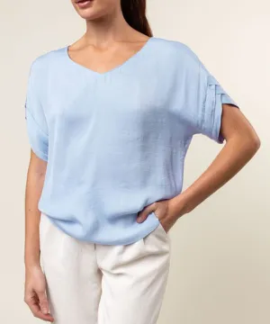 V-Neck Satin Top with Self Bands Sleeve Detail - Celestial Blue